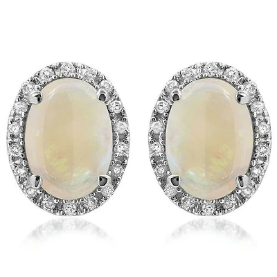 Oval Opal Stud Earrings with Diamond Frame 14KT Gold