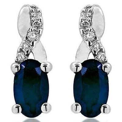 Oval Infinity Blue Sapphire Stud Earrings with Diamond Accent 14KT Gold