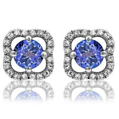 Clover Tanzanite Stud Earrings with Diamond Frame 14kt Gold
