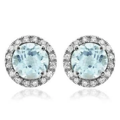 Aquamarine Stud Earrings with Diamond Halo 14KT Gold
