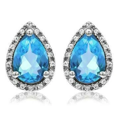 Pear Blue Topaz Stud Earrings with Diamond Halo 14KT Gold