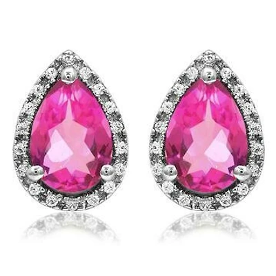 Pear Pink Topaz Stud Earrings with Diamond Halo 14KT Gold