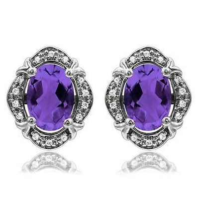 Vintage Inspired Oval Amethyst Earrings with Diamond Frame 14KT Gold