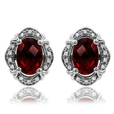 Vintage Inspired Oval Garnet Earrings with Diamond Frame 14KT Gold