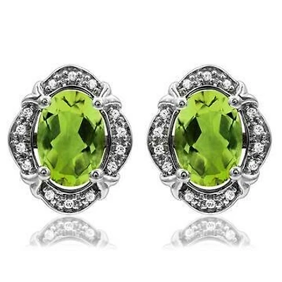 Vintage Inspired Oval Peridot Earrings with Diamond Frame 14KT Gold