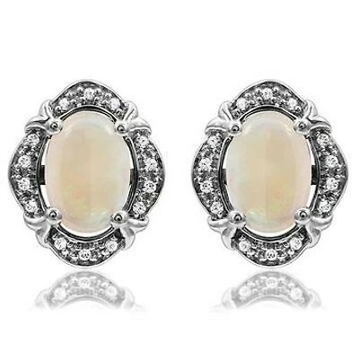 Vintage Inspired Oval Opal Earrings with Diamond Frame 14kt Gold