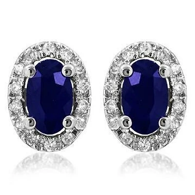 Oval Blue Sapphire Stud Earrings with Diamond Halo 14KT Gold