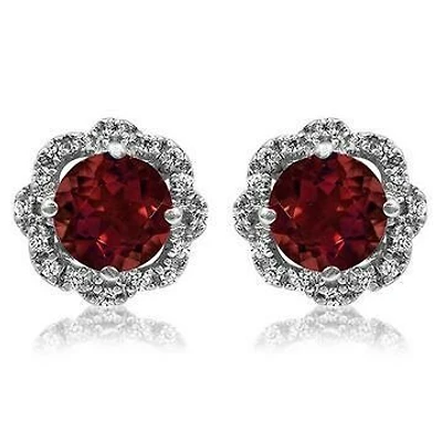 Floral Garnet Earrings with Diamond Frame 14KT Gold