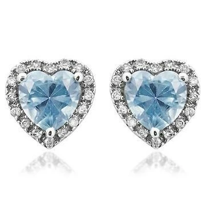 Heart Aquamarine Stud Earrings with Diamond Halo 14KT Gold