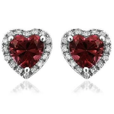 Heart Garnet Stud Earrings with Diamond Halo 14KT Gold