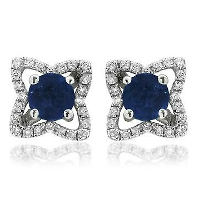 Cross Blue Sapphire Stud Earrings with Diamond Frame 14KT Gold