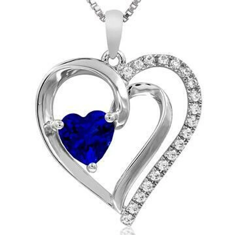 Heart Blue Sapphire Pendant with Diamond Accent 14KT White Gold