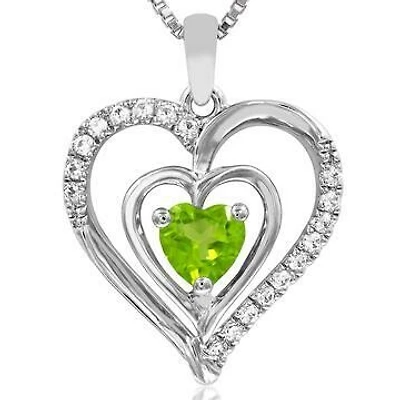 Double Heart Peridot Pendant with Diamond Accent 14KT White Gold