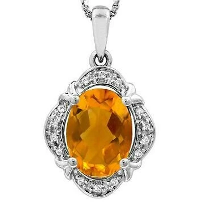 Vintage Inspired Oval Citrine Pendant with Diamond Frame 14KT Gold