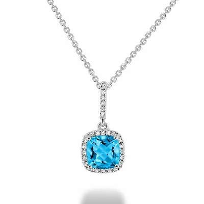 Cushion Cut Blue Topaz & Diamond Halo Pendant 0.10CTDI White Gold