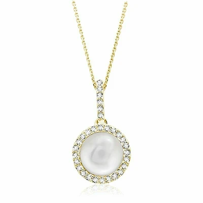 Round Cultured Freshwater Pearl & Diamond Halo Pendant 0.12CTDI Yellow Gold
