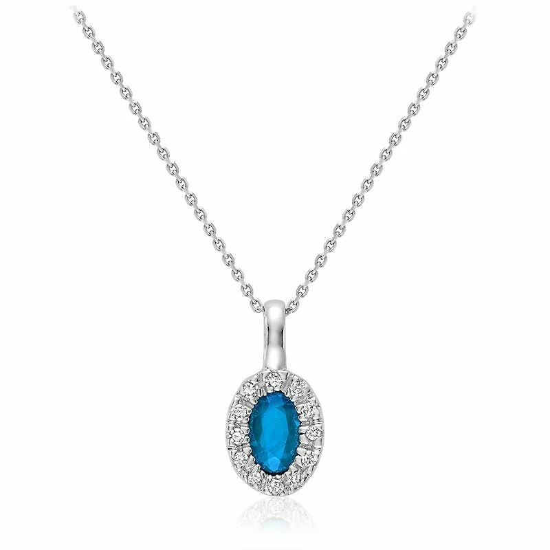 Oval Blue Topaz & Diamond Halo Pendant 0.04CTDI White Gold