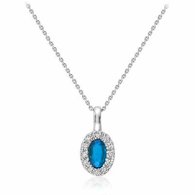 Oval Blue Topaz & Diamond Halo Pendant 0.04CTDI White Gold