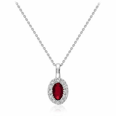 Oval Ruby & Diamond Halo Pendant 0.04CTDI White Gold