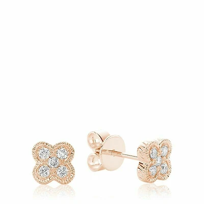 Clover Milgrain Diamond Stud Earrings Rose Gold