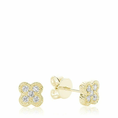 Clover Milgrain Diamond Stud Earrings Yellow Gold