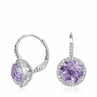 Amethyst & Diamond Halo Dangle Earrings White Gold