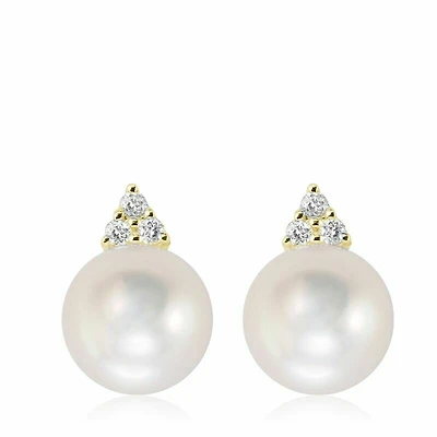 Cultured Freshwater Pearl & Diamond Stud Earrings Yellow Gold