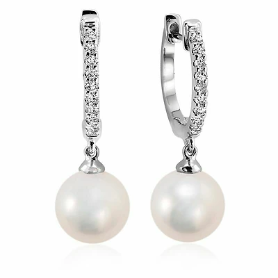 Cultured Freshwater Pearl & Diamond Dangle Earrings White Gold