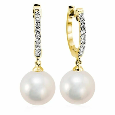 Cultured Freshwater Pearl & Diamond Dangle Earrings Yellow Gold