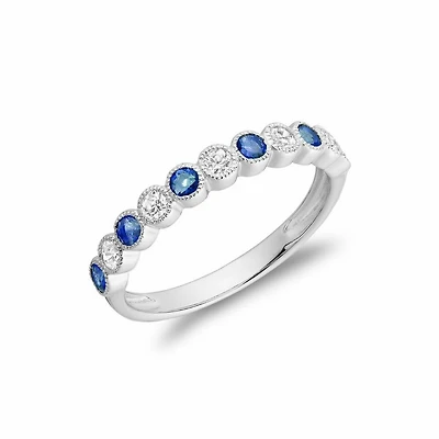Semi Eternity Blue Sapphire & Diamond Milgrain Band White Gold