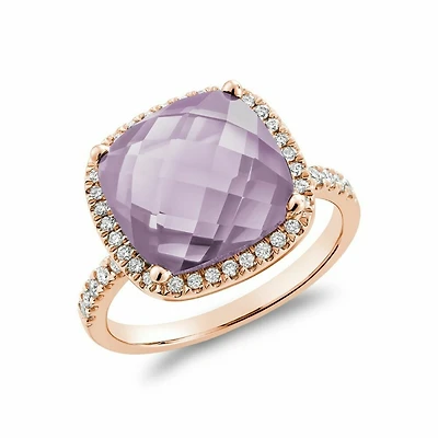 Cushion Cut Pink Amethyst & Diamond Halo Ring White Gold