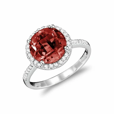 Round Garnet & Diamond Halo Ring White Gold