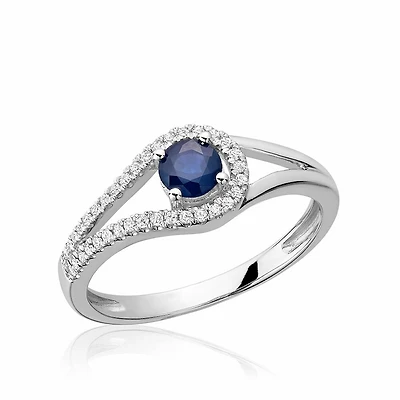 Split Shank Blue Sapphire & Diamond Ring White Gold