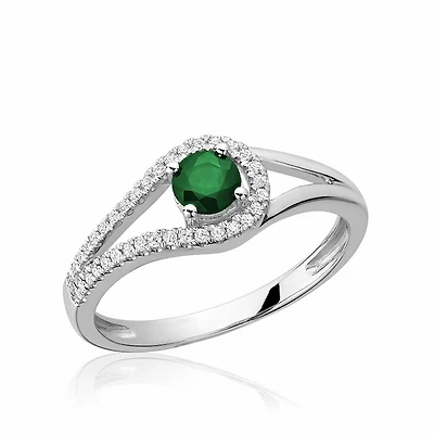Split Shank Emerald & Diamond Ring White Gold