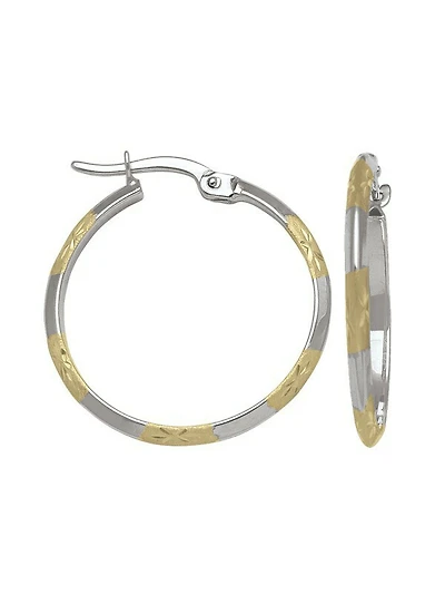 White & Yellow Gold Two Tone Patterned Knife Edge Hoop Earring 10KT