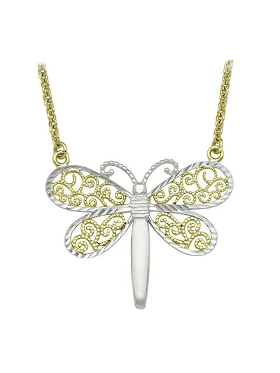White & Yellow Gold Two Tone Filigri Dragonfly Necklace 10KT