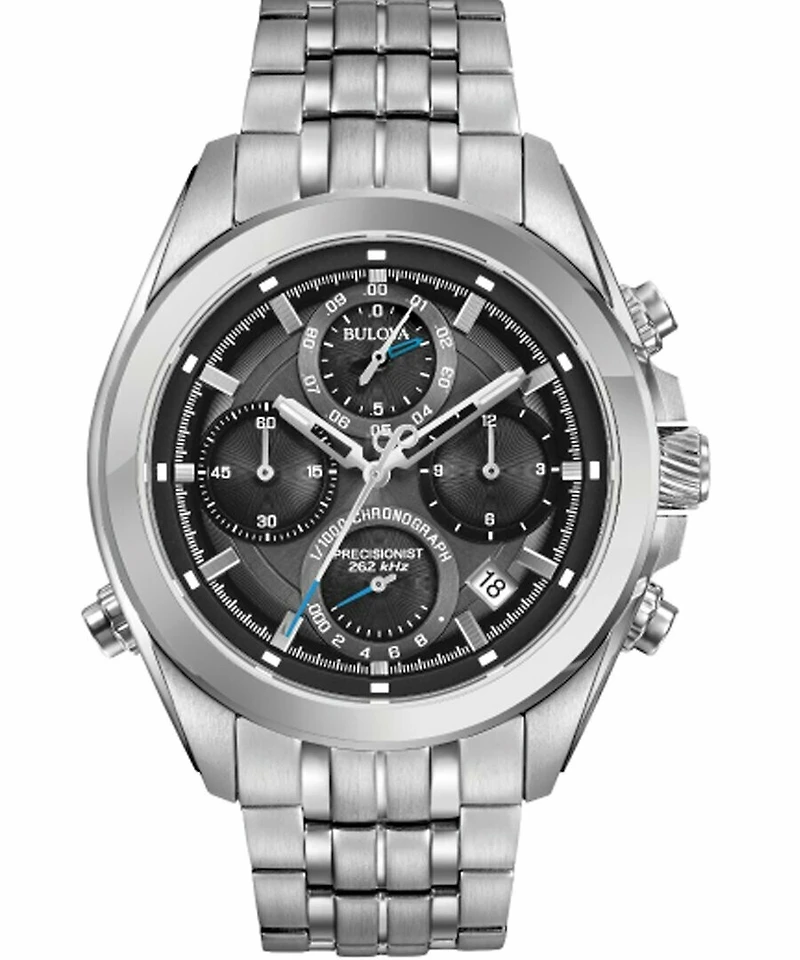 Bulova Precisionist Chronograph Stainless Steel Watch Black Dial 43MM Quartz 96B260