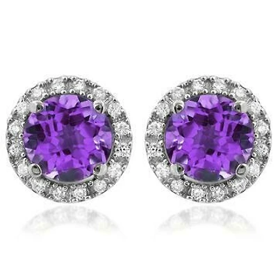 Amethyst Stud Earrings with Diamond Halo 14KT Gold