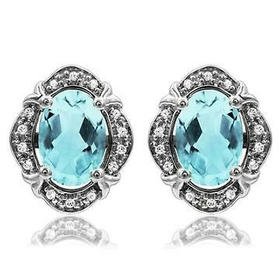 Vintage Inspired Oval Aquamarine Earrings with Diamond Frame 14KT Gold