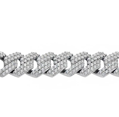 Sterling Silver With Rhodium, 8mm Zig Zag Cuban Bracelet With Cubic Zirconia
