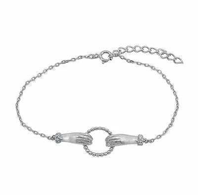 Sterling Silver With Rhodium, Double Hands Necklace With Cubic Zirconia
