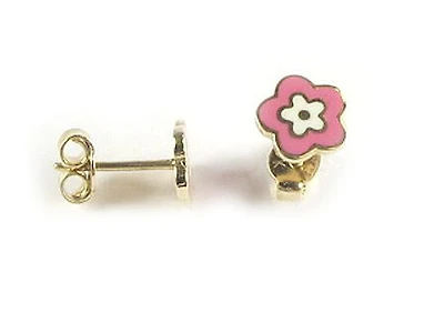 10K Yellow Gold Pink Enamel Flower Stud Earrings