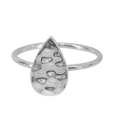 Sterling Silver, 8X13mm Hammered Teardrop Shape Ring With 1.5mm Band