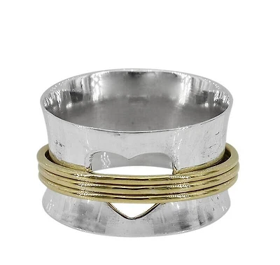 Sterling Silver With Brass Band, 2 Tone Meditation Ring With Heart Cut Out, 13mm Width
