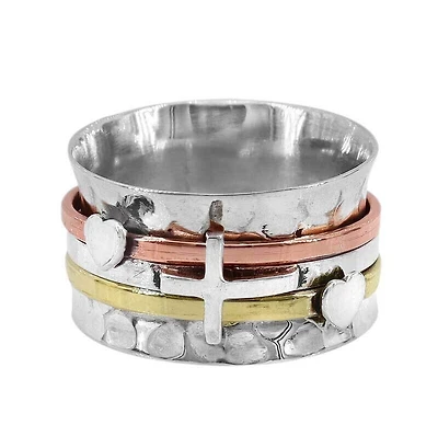 Sterling Silver With Copper And Brass Band, 3 Tone Meditation Ring With Hammered Finished, 13mm Width