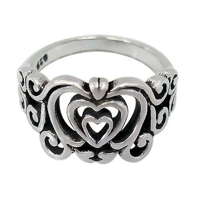 Sterling Silver, Smooth Unique Style Ring With Heart And Filigree Design. Approx Size: 14mm Width