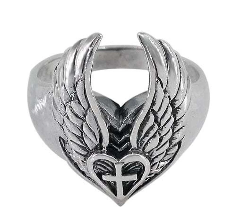 Sterling Silver, Wings With Heart And Cross Pendant, 25Mm Width