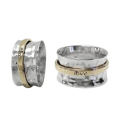 Sterling Silver With Brass Band, 2 Tone Meditation Ring With The Word Love And Hammered Finished. Approx Size: 14mm Width
