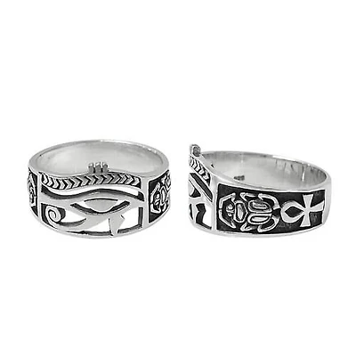 Sterling Silver, Egyptian Eye Ring With Detail Design. Approx Size: 13mm Width