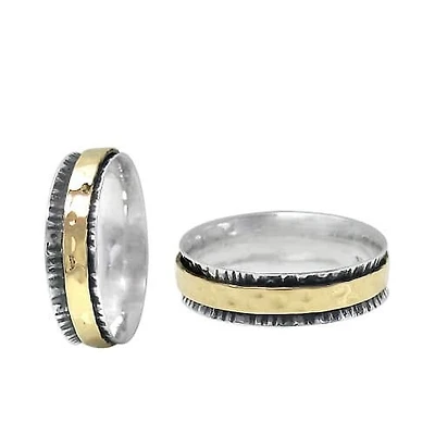 Sterling Silver With Brass Band, 2 Tone Meditation Ring With Hammered Finish. Approximate Size: 7Mm Width